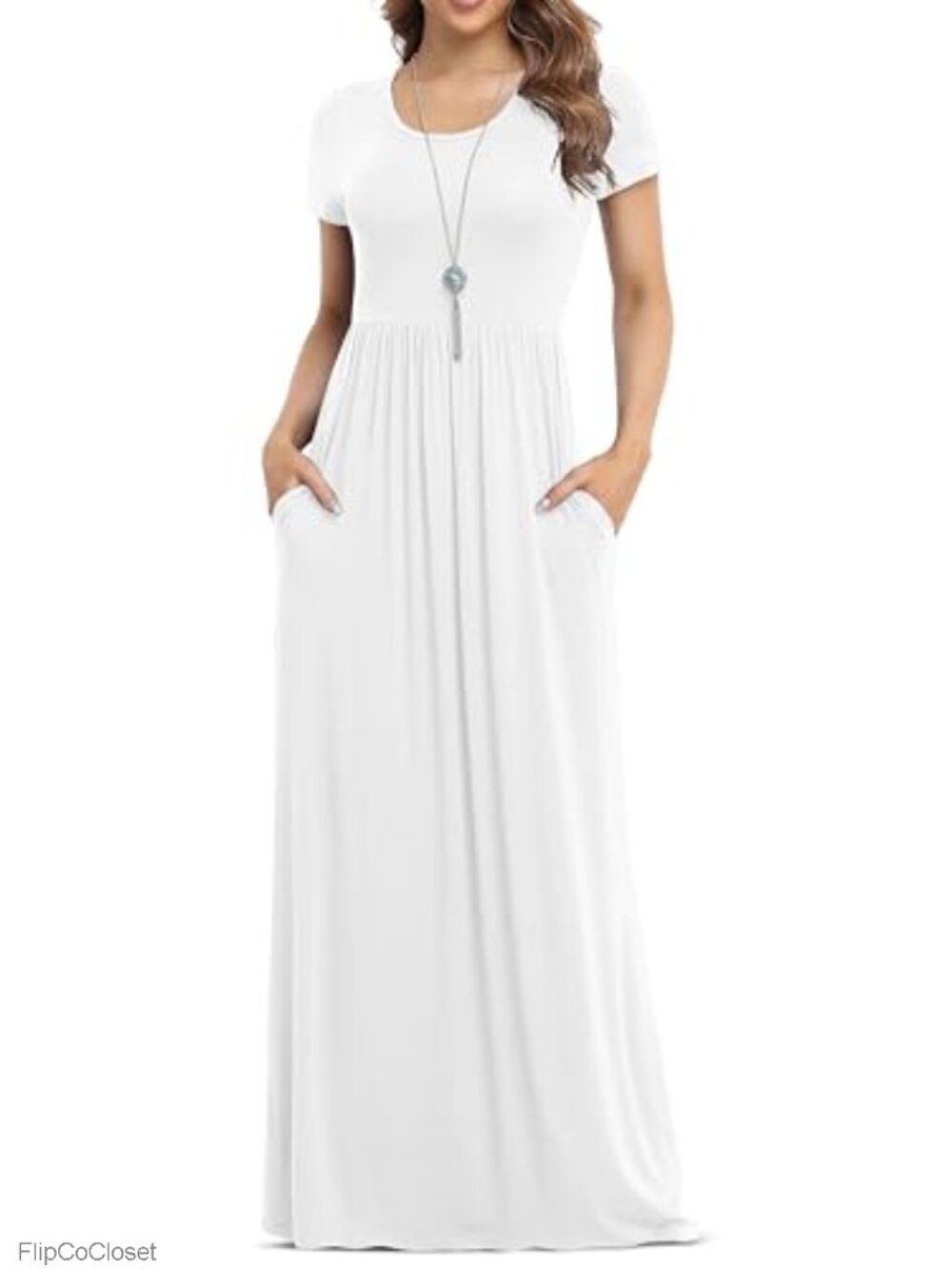 Loose Casual Rayon Maxi Dress Floor Length Short Sleeve Pockets
